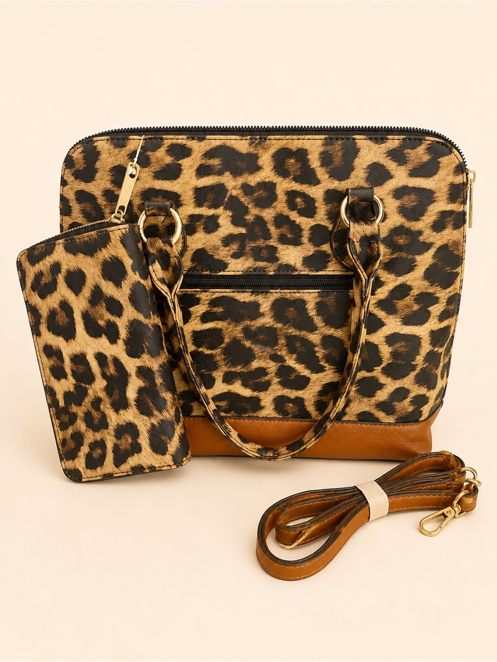 Leopard Print Shoulder Satchel with Detachable Wallet - Tan/Black